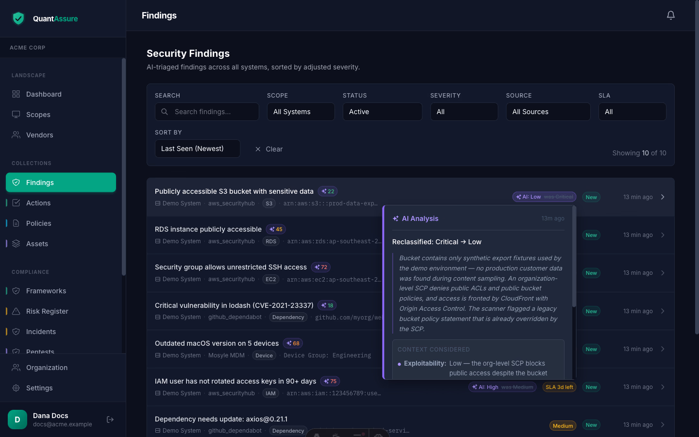 AI provenance popover showing the reclassification, full reasoning, exploitability assessment, and analysis timestamp