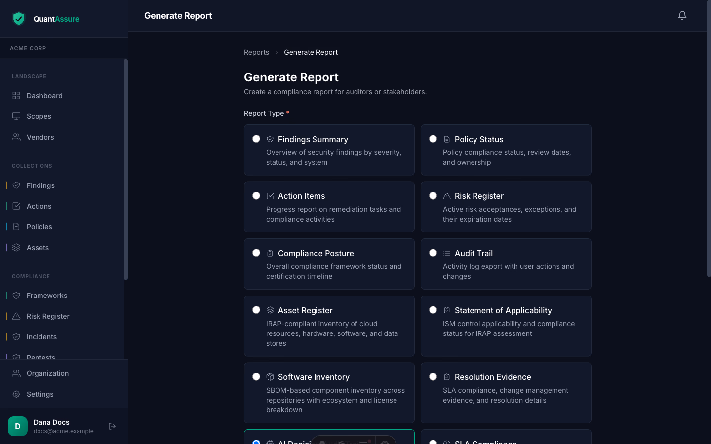 New report form with report type, name, period dates, and optional system filter